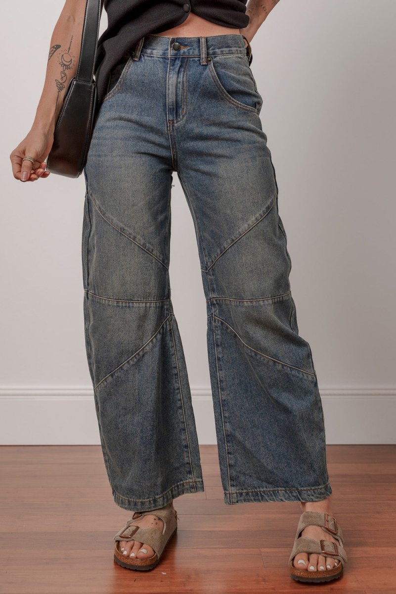 Sail Blue Exposed Stitching Loose Straight High Waist Jeans - Love Salve